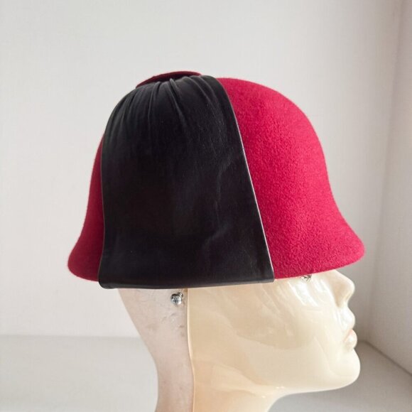Vintage Red Burgundy Leather Detail Wool Felt Cloche hat - Picture 3 of 10